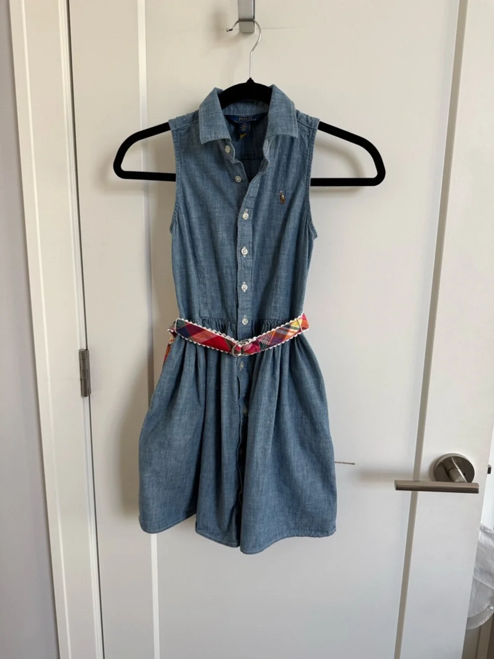 Ralph Lauren Blue Chambray Sleeveless Shirt Dress with Plaid Belt